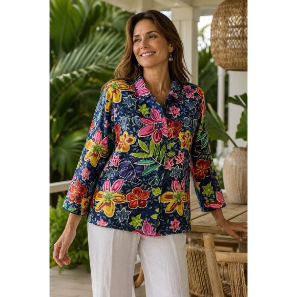 Chico's Jackets & Blazers - Chico’s Design 100% Silk Slub Floral Beaded Jacket Blue Multicolor Size 1